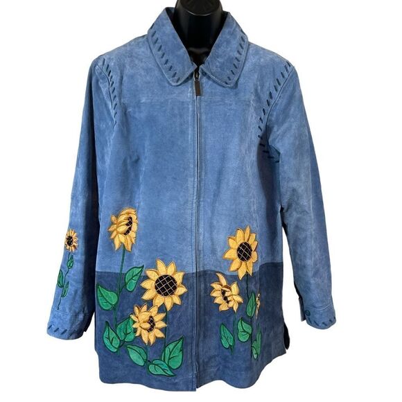 Quacker Factory blue suede Whipstitched Sunflower patchwork jacket